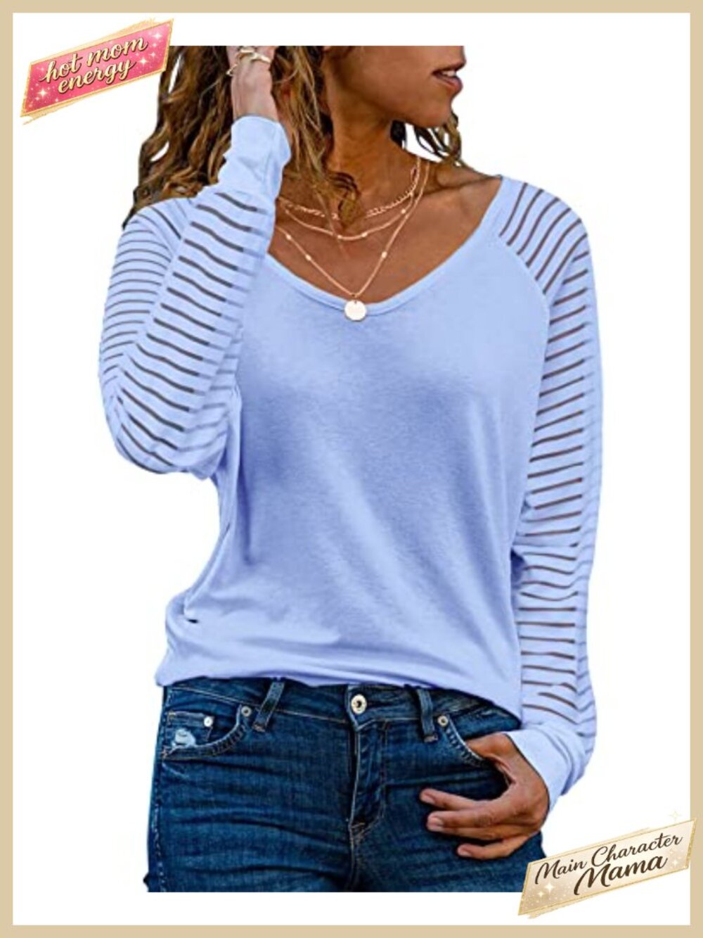 Womens V Neck Long Sleeve Tunic Top Striped Sheer Mesh Casual Blouse